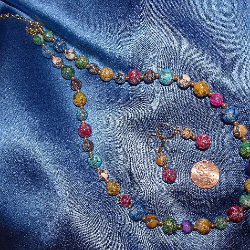 Handmade Necklace And Earring Set With Multi-Color Howlite Beads